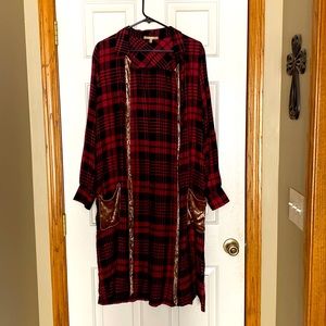 Long red plaid shirt with velvet pockets and trim